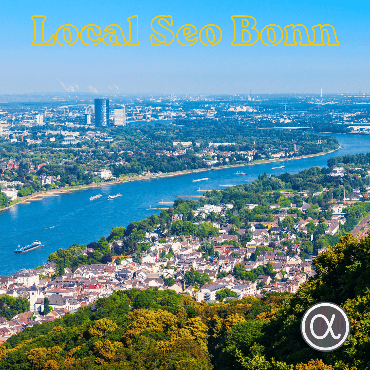 Blick über Bonn am Rhein mit Schriftzug Local SEO Bonn und Alpharoid-Logo