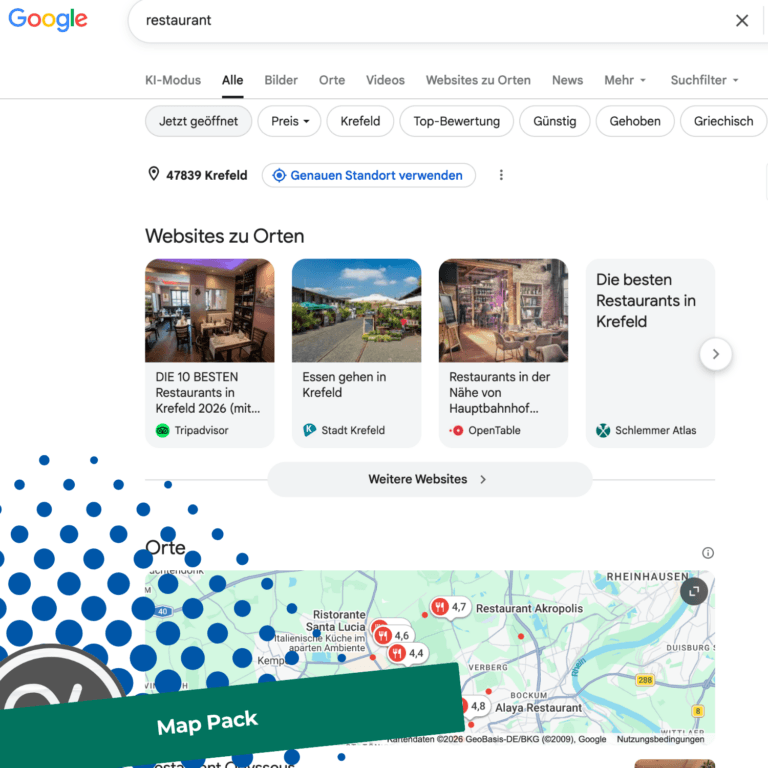 Local-SEO-Strategie: Anleitung & Best Practices 2 Annotierte lokale Suchergebnisse zur Prüfung von Suchintention und passenden Seitentypen