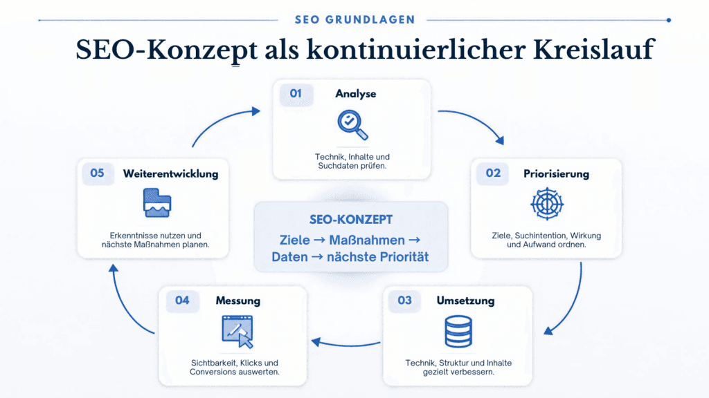 Platzhalter für eine Infografik zum SEO-Konzept aus Analyse, Umsetzung und Messung