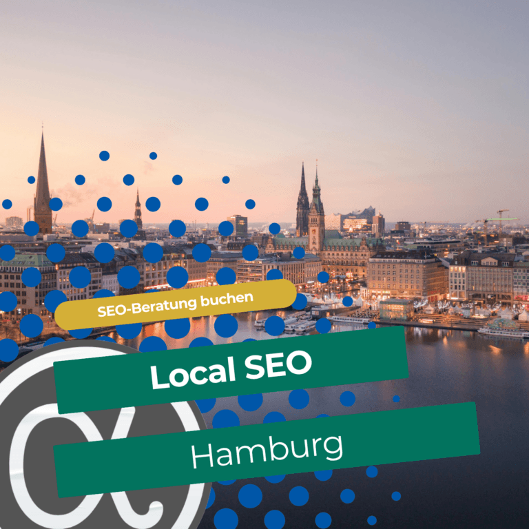 Hamburger Hafen und Landungsbrücken bei Sonnenuntergang mit Schriftzug Local SEO Hamburg