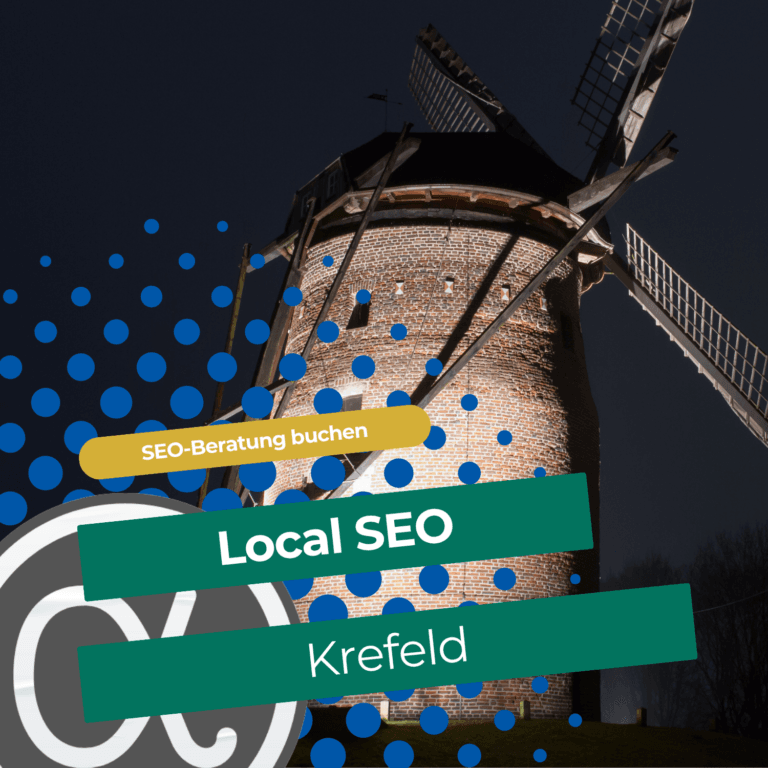 Local SEO Krefeld 1 Beleuchtete Windmühle in Krefeld mit Schriftzug Local SEO Krefeld und Alpharoid-Logo