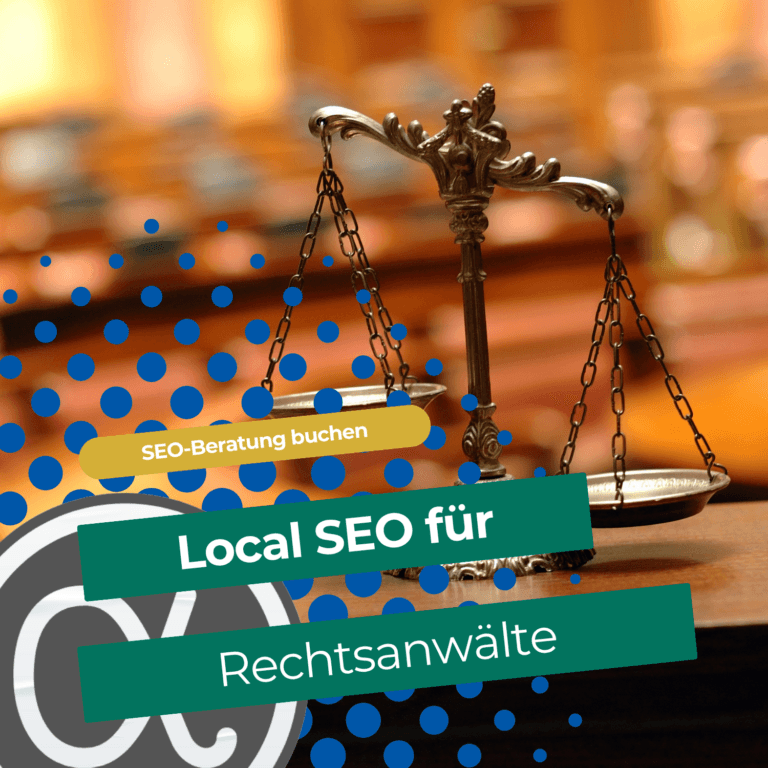 Waage der Justitia in einem Gerichtssaal mit der Aufschrift „SEO für Rechtsanwälte“