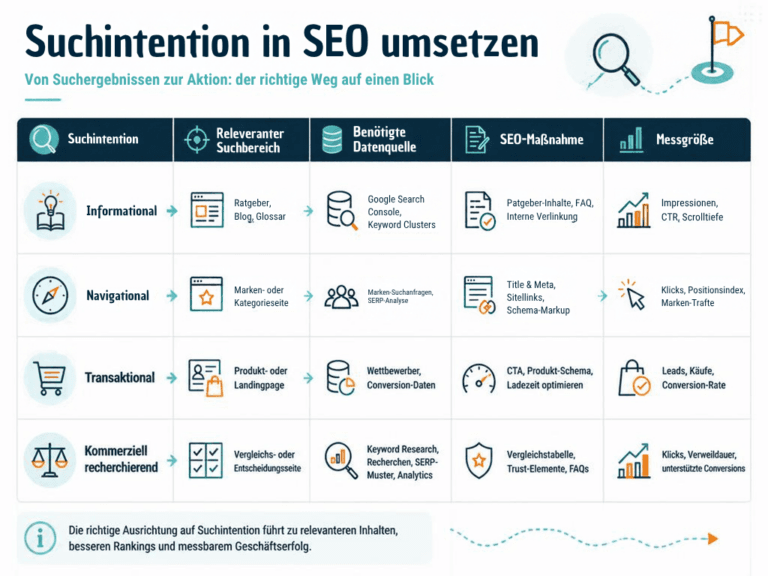 Entscheidungsmatrix aus Suchintention, Suchfläche, SEO-Maßnahme und Messgröße