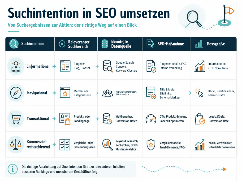 Entscheidungsmatrix aus Suchintention, Suchfläche, SEO-Maßnahme und Messgröße