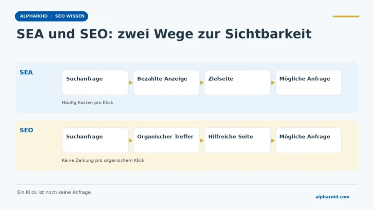 Vergleich von SEA und SEO: bezahlte Anzeige und organischer Treffer führen jeweils zu einer passenden Zielseite; ein Klick ist noch keine Anfrage.
