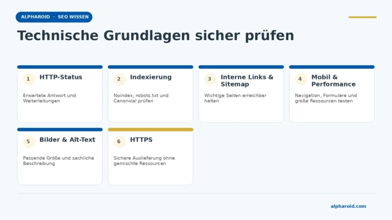 Google-Optimierung selber machen: ein sicherer Arbeitsablauf 3 Technische SEO-Checkliste für Status, Indexierung, interne Erreichbarkeit, mobile Nutzung, Bilder und HTTPS